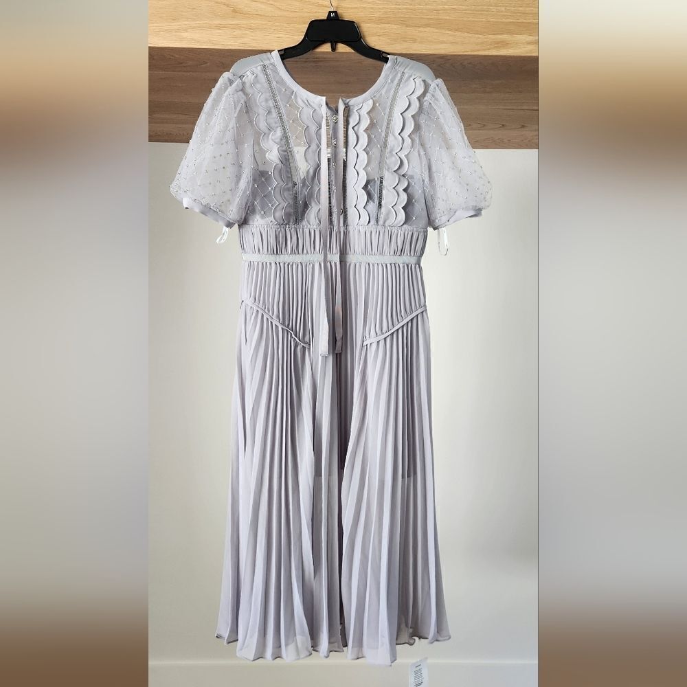 Self-Portrait Scalloped-Trim Pleated Chiffon Midi Dress